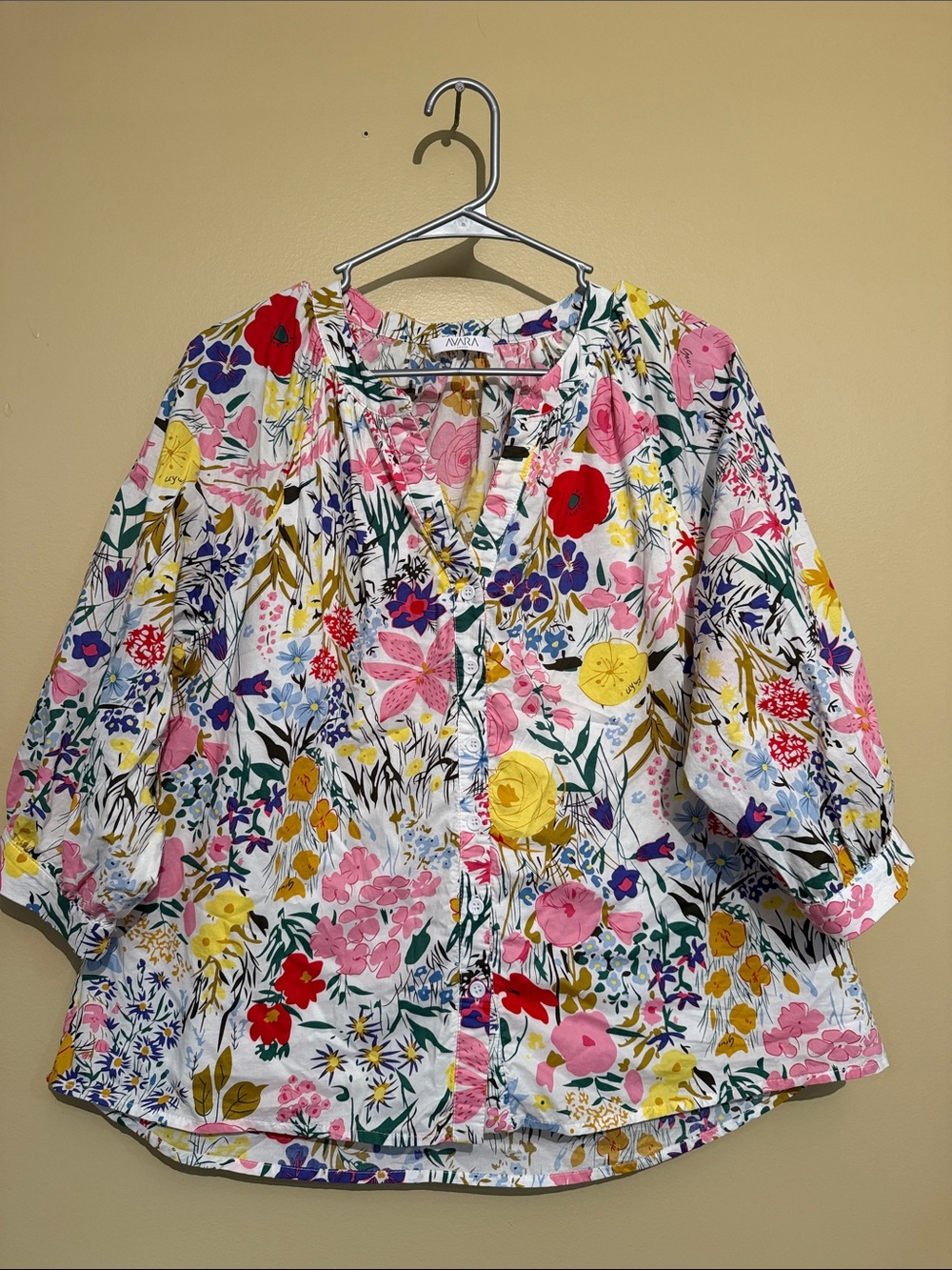 Women’s Floral V-Neck Button Blouse in White with Multicolor Print